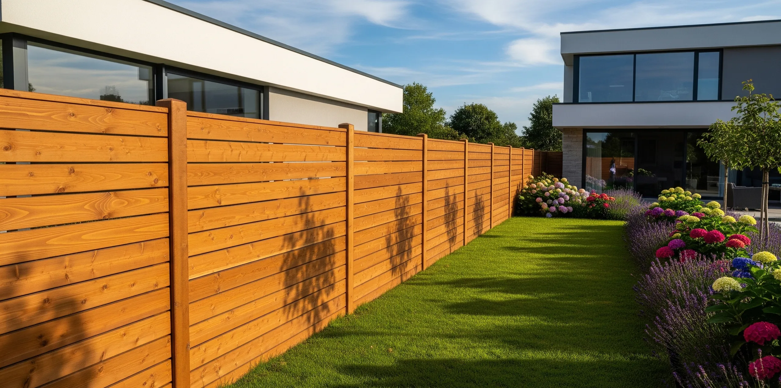 A high-quality wooden fence installed in the garden of a modern home